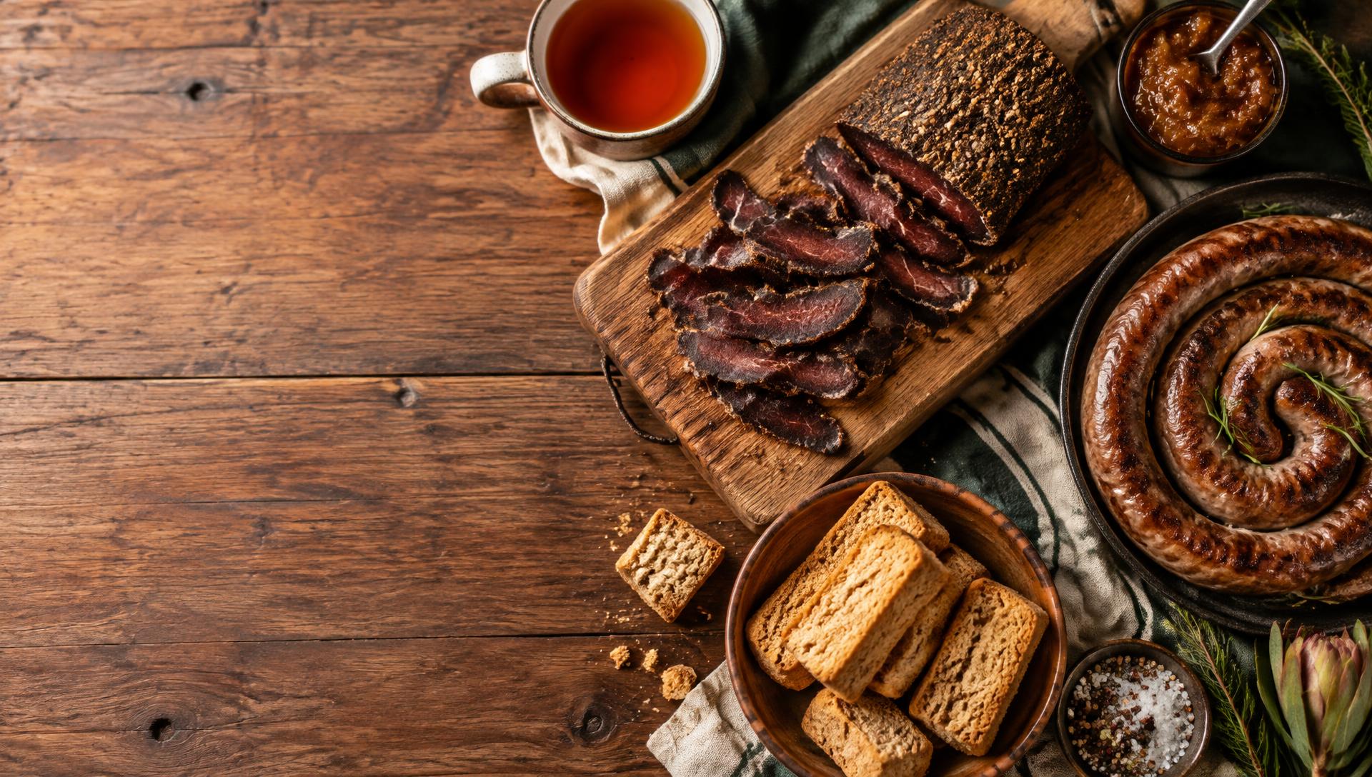 Sliced biltong, boerewors, rusks and rooibos on a wooden table